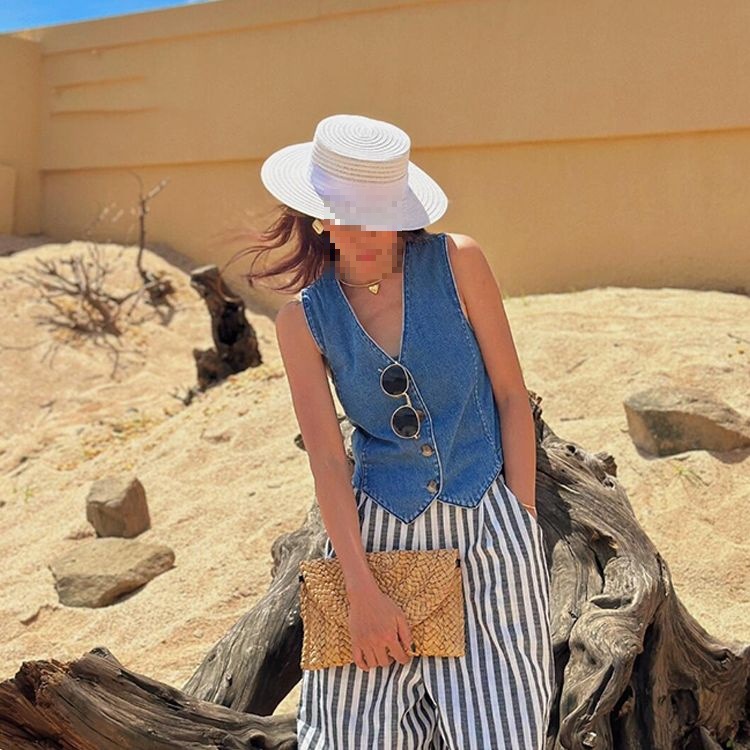 Korean Style Fashion Retro Layered Collar Denim Vest for Women Hong Kong Style Fashionable Slimming Short Sleeveless Vest Summer