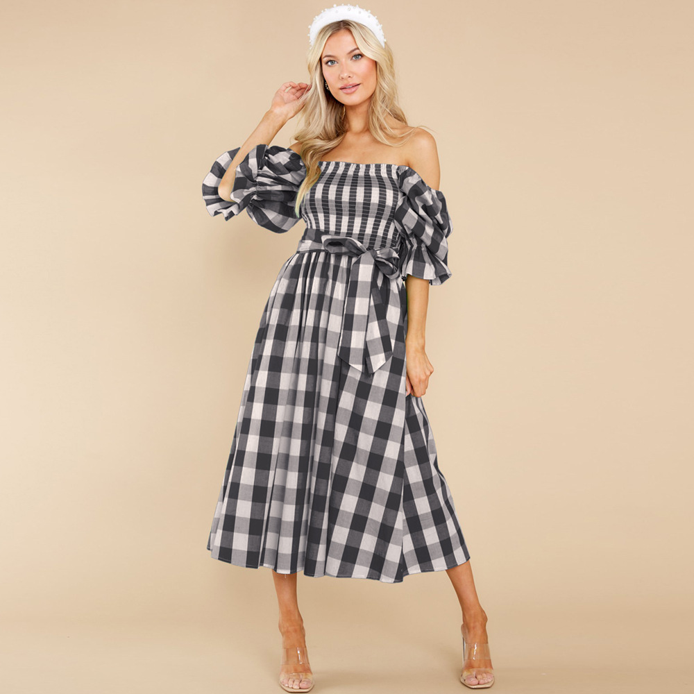 Slim puff-short sleeve square neck lace-up plaid dress NSHYG118150