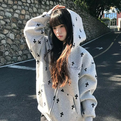 美式潮牌十字架满印字母刺绣开衫连帽卫衣男女休闲风秋季帽衫外套