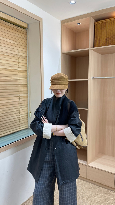 2025韩版气质宽松显瘦带披肩中长款拼色翻袖风衣女秋季皮衣外套潮|undefined