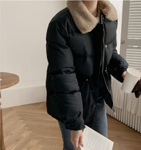 韓國chic冬季復古洋氣毛領抽繩收腰棉服外套加厚面包服棉衣女