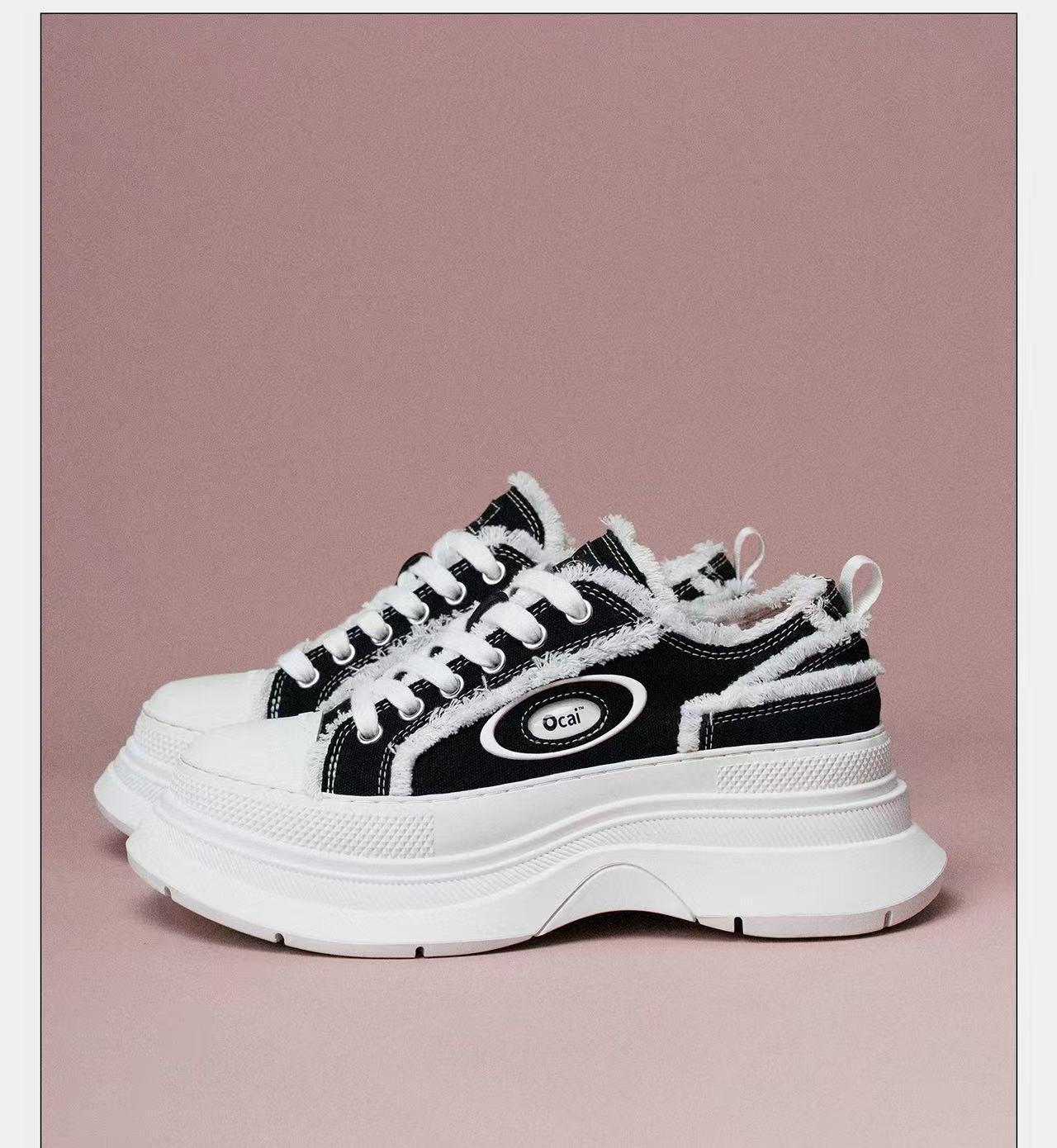 Women's Grey Platform Canvas Shoes Left Bank Retro High End Feel Casual Frayed Edge Boots With Height Increase_voghion.com