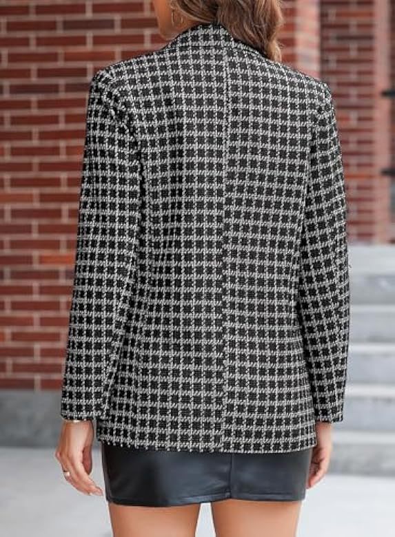 Women's Tweed Blazer Jacket Double Breasted Plaid Workwear_voghion.com