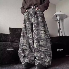 美式复古多口袋迷彩工装裤男女款潮牌宽松休闲baggy弯刀阔腿裤子