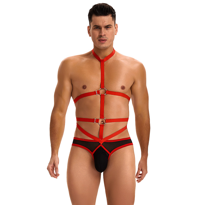 Europa y los Estados Unidos al por mayor transfronterizos hombres sexy ropa interior cuello colgante SM bondage camiseta U bolsillo convexo ropa interior