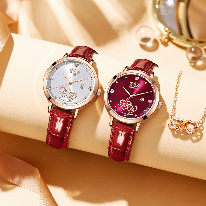 DAYBIRD/得意鸟潮流新款1314一生一世礼物日本机芯石英酒红女表