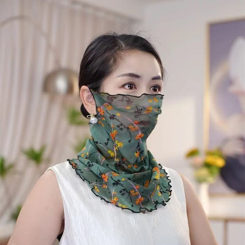 Primavera y verano de encaje velo protector solar protector facial de mujer cuello colgante máscara de orejas máscara respirada bufandas de seda protector solar UV