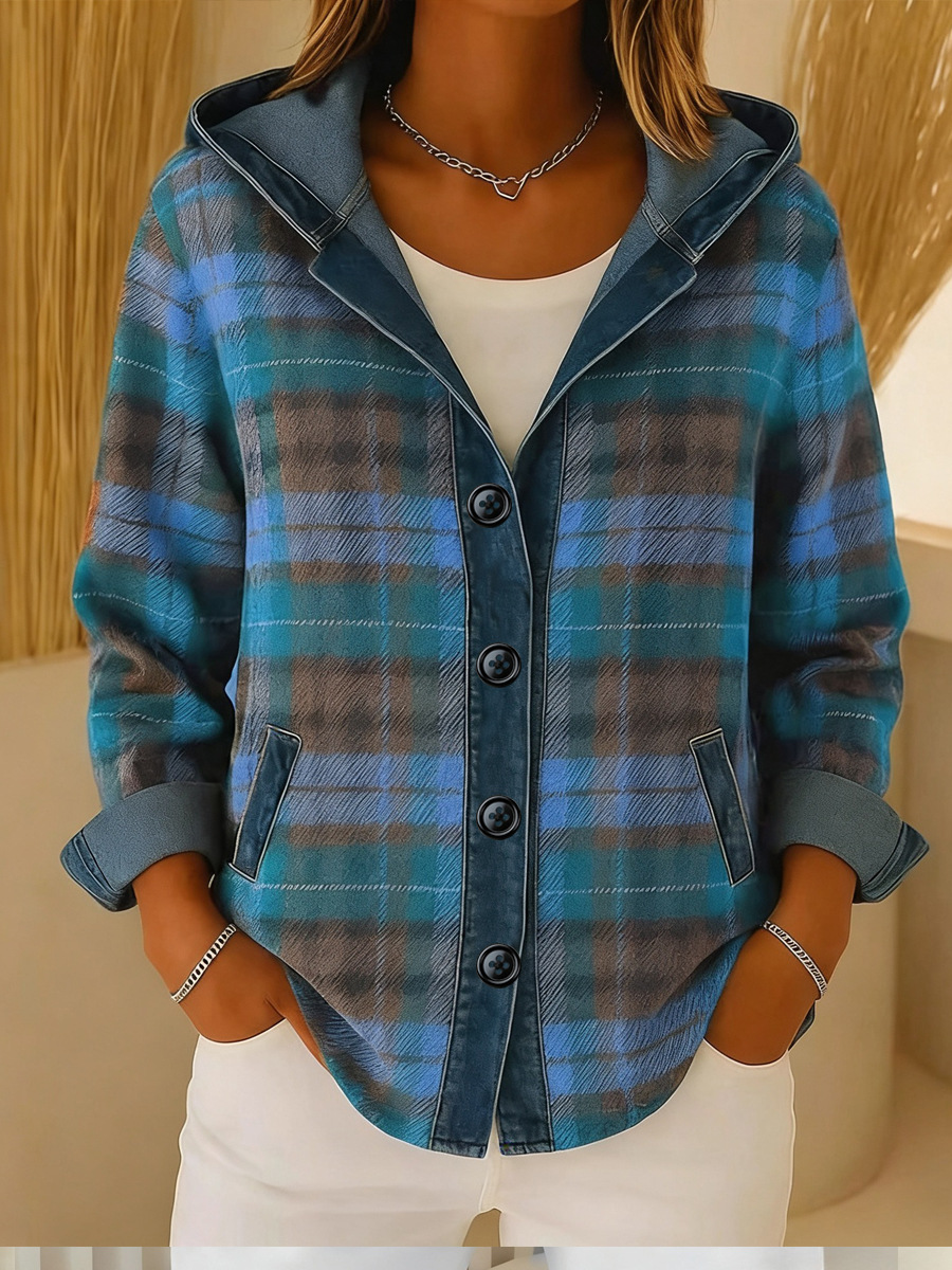 European And American Independent Station Women's Shirt Hoodie Autumn Winter New Fashion Plaid Color-Block Jacket_ecoleips.com