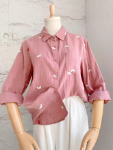 96644 文艺花朵刺绣双层棉纱长袖衬衫 女2025秋装新款显瘦上衣