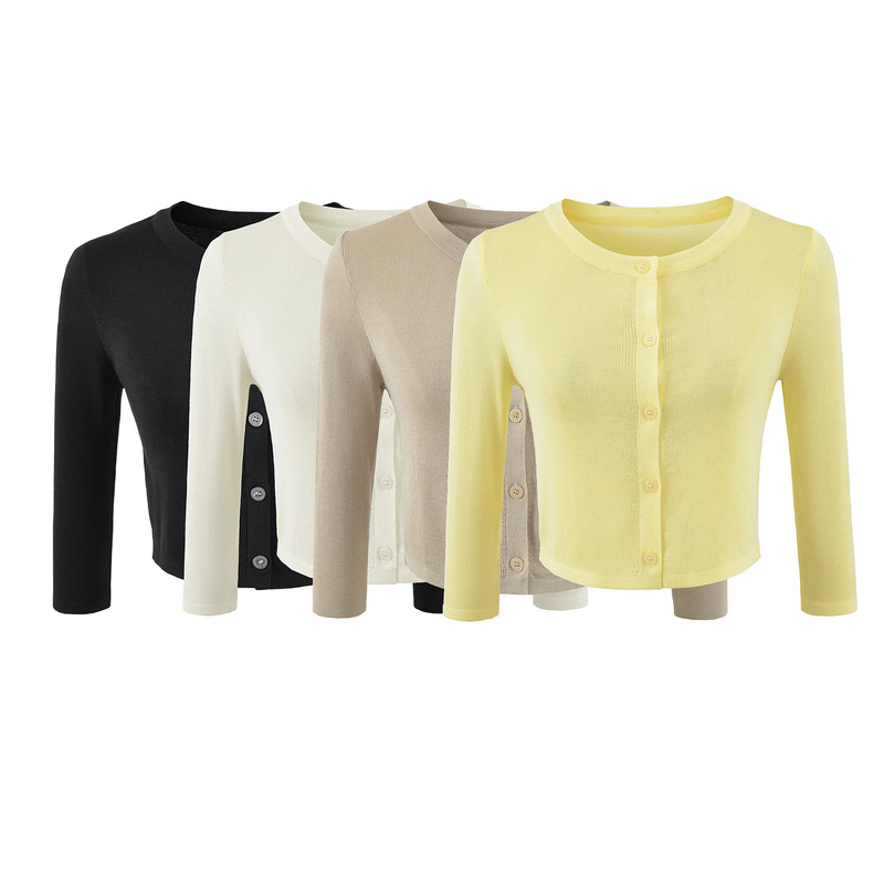 2026 Summer New Style Hot Girl Outerwear Thin Mid-Sleeve Knitted Cardigan for Women Layered with Ultra-Short Five-Quarter Sleeve Round Neck Top 2026 Summer New Style Hot Girl Outerwear Thin Mid-Sleeve Knitted Cardigan for Women Layered with Ultra-Short Five-Quarter Sleeve Round Neck Top