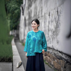 人丝圆领套头衫女新中式文艺复古真丝小衫国潮风春夏提花大码衬衣