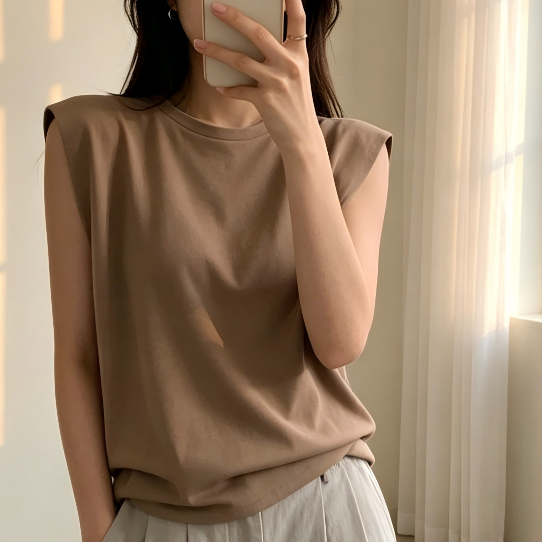 민소매 여성복 여름 신상품 루즈핏 캐주얼 라운드넥 탑 한국 스타일 인스 걸리시 민소매 티셔츠