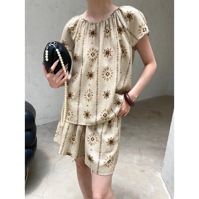 Sinnan Southern French Resort Style Tencel Linen Retro Printed Short-Sleeved Shirt Casual Shorts Set Sn9132 Sinnan Southern French Resort Style Tencel Linen Retro Printed Short-Sleeved Shirt Casual Shorts Set Sn9132