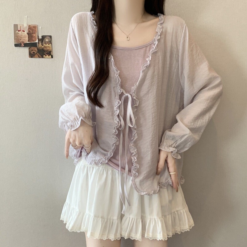 Gentle Ruffled V-Neck Shirt for Women, Summer Thin Style, Plus Size, Tie-Front Cardigan, Sun Protection Jacket Top