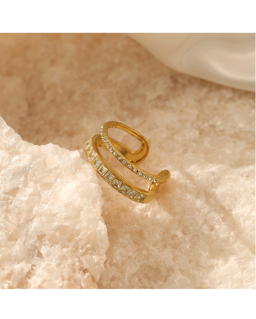 Fashion Round Stainless Steel Plating Inlay Artificial Diamond Open Ring 1 Piece