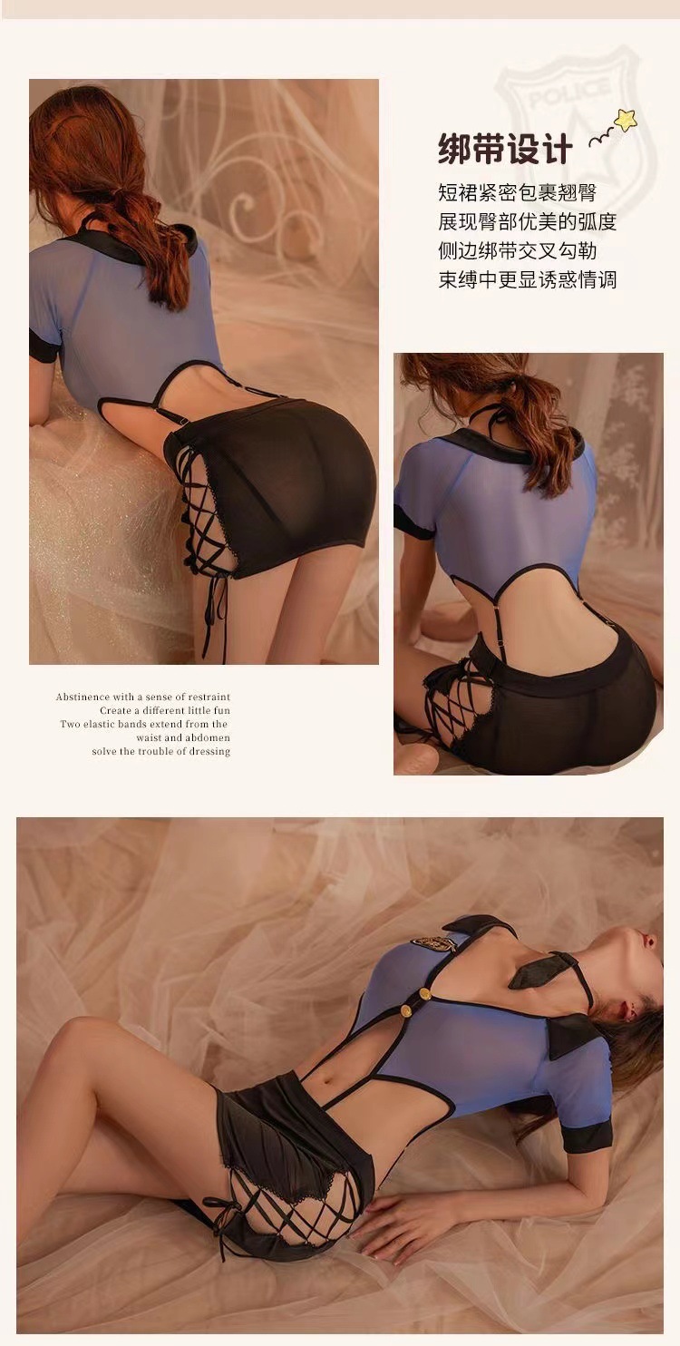 Police Secretary Cosplay Lingerie Set with Tie, Open-Crotch Bodysuit and Mini Hip Skirt — detail image 11