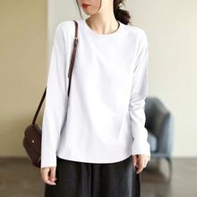 纯棉长袖t恤女2025秋季新款宽松大码中长款圆领纯色简约上衣