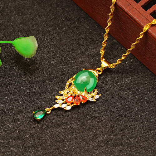 Fashionable influencer live streaming sand gold peacock green agate pendant for women, imitation 24k gold simple necklace accessories wholesale