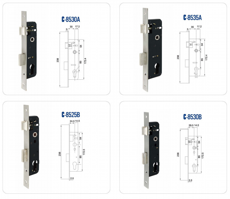Suministro de fábrica cerradura de puerta antirrobo cuerpo de cerradura de acero inoxidable estándar europeo internacional C-8525 cerradura de puerta mecánica accesorios al por mayor