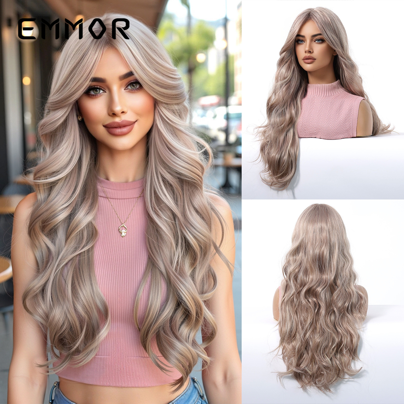 Celebridades de Internet en color dopamina, flequillo europeo y americano, ondas grandes, cabello largo y rizado, peluca de venta caliente transfronteriza, tipo de cabello completo