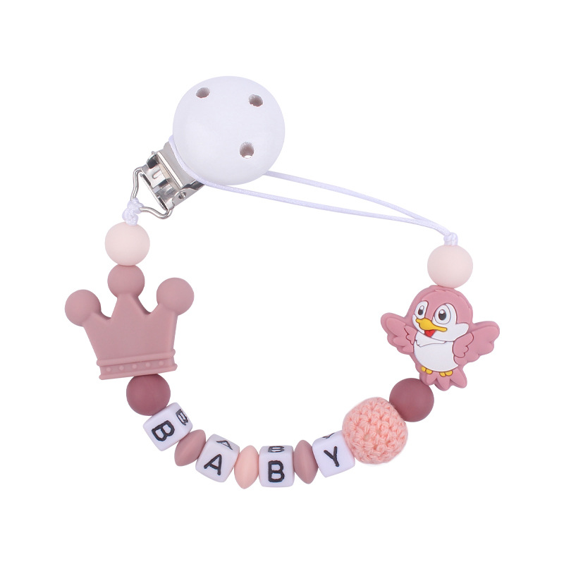 Nuevo bebé suministros de silicona chupete cadena de dibujos animados animal pájaro silicona mordedura pegamento cadena molar cadena anti-gota