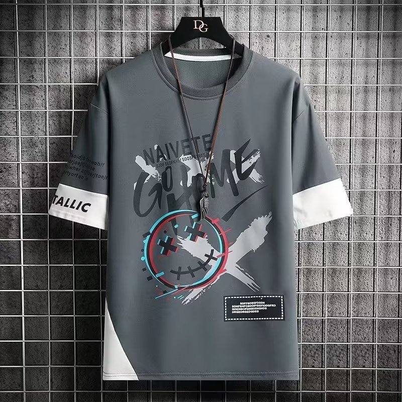 Camisa menos ropa de seda de hielo manga corta verano nuevo estilo coreano cuello redondo media manga carta Impresión digital casual top
