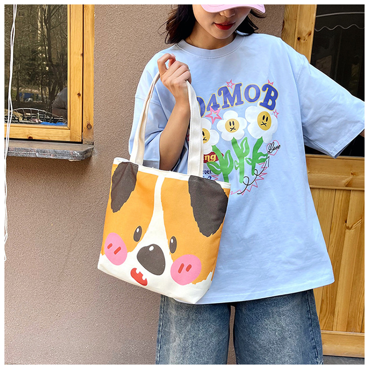 Women's Large Canvas Dog cat mit Cute Sewing Thread Square Zipper Canvas Bag display picture 6