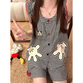 可爱甜美格子米奇无袖睡衣女夏季设计感休闲背心短裤家居服两件套