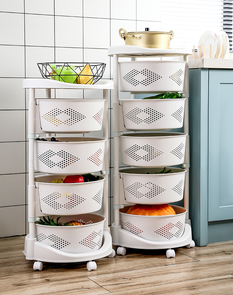 360-degree rotatable kitchen shelf floor-standing multi-layer living room household functional fruit and vegetable basket storage rack