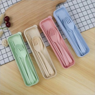 Wheat straw tableware three-piece set with box portable fork spoon chopsticks Nordic children student adult tableware suit