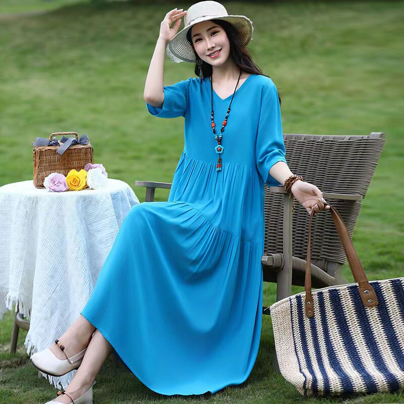 2026 Early Summer New High-End Cotton Silk Dress Lemon Sea Salt Beautiful Mom Vacation Beach Dress Loose and Slimming