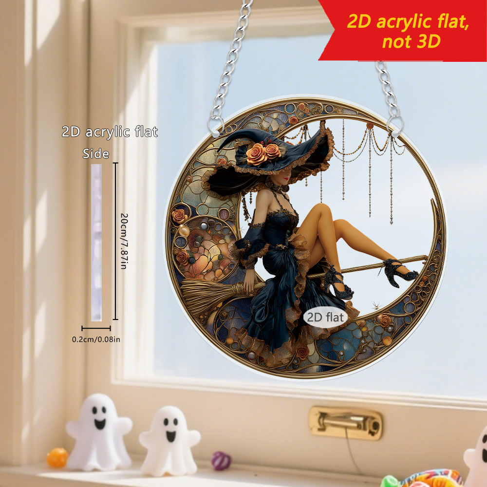 Nuevo cross-border Halloween escobera montando bruja acrílico 2D ventanas y puertas colgantes de jardín accesorios de decoración