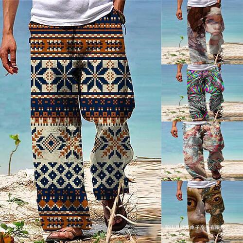 Men's Loose Straight Leg Long Pants with 3D Print, European and American Style, Vacation Beach Pants