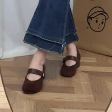 羊皮版~韩版一字扣绒面玛丽珍鞋女2025新款百搭不累脚豆豆鞋单鞋