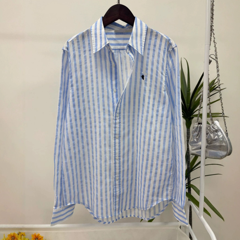Pony Logo Embroidery R/L Ralph Blue and White Striped Shirt for Women, Summer 2026 New Long-Sleeve Top, Factory Wholesale