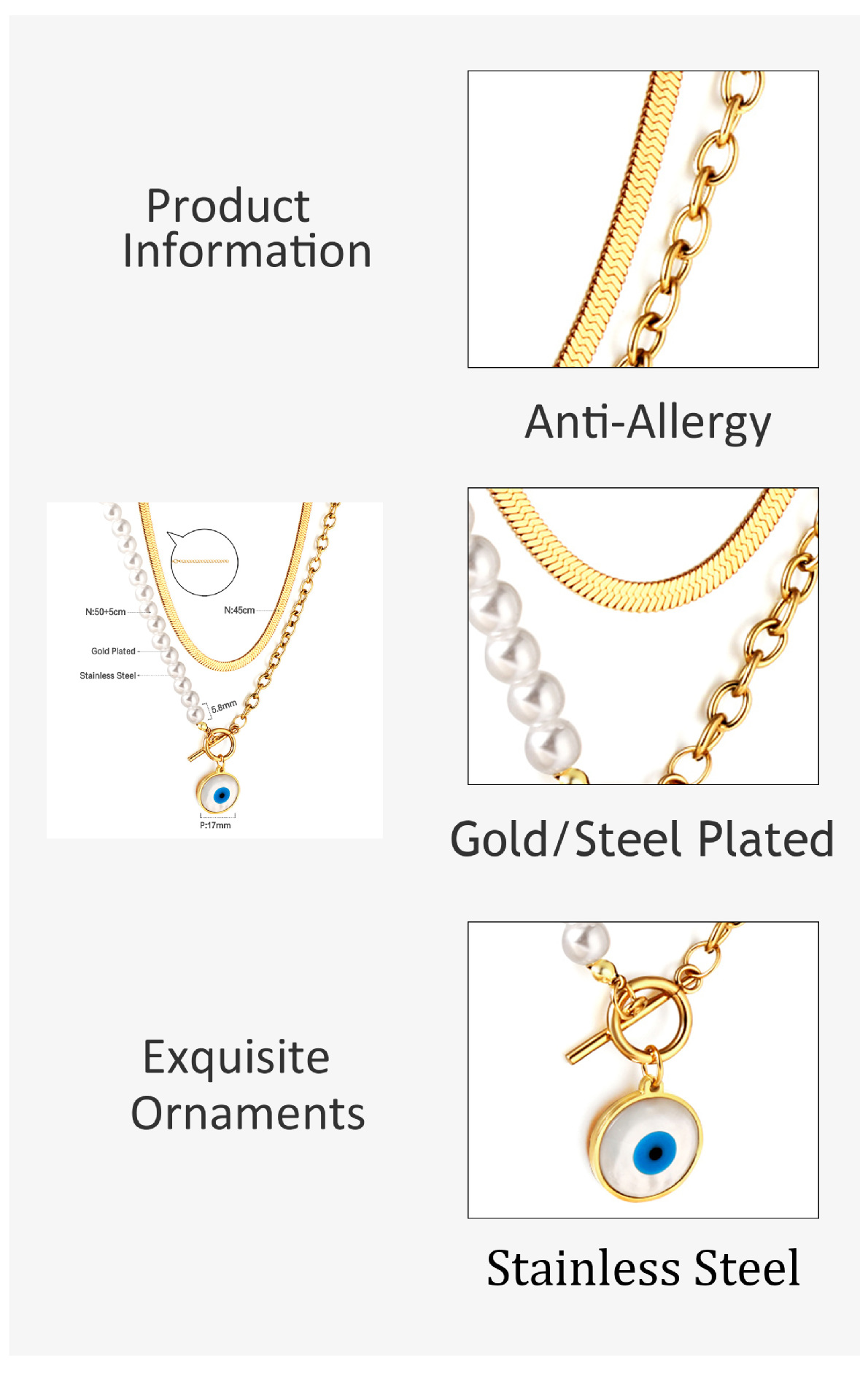 Retro Round Letter Devilu0027S Eye Stainless Steel Inlay Artificial Pearls Necklace