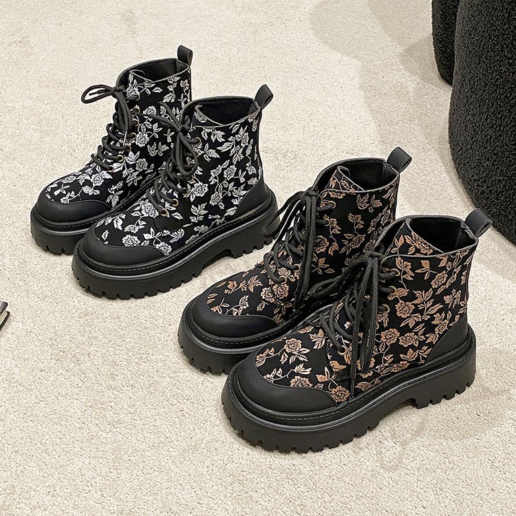 Mode für Damen im Herbst und Winter 2024 mit großem Aufdruck, neue Artikel mit runder Spitze und dicker Sohle, Martin-Stiefel für Damen_voghion.com