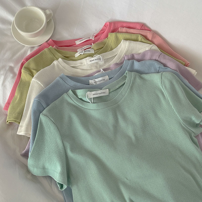 Solid Color Short Sleeve T-Shirt Women's 2023 New Shoulder Slim Unique Short Top Clothes This Year's Popular Matching Solid Color Short Sleeve T-Shirt Women's 2023 New Shoulder Slim Unique Short Top Clothes This Year's Popular Matching