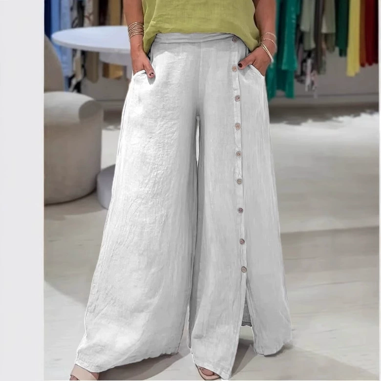 Трансграничная экспортная партия 2025 новых европейских и американских женских хлопчатобумажных и льняных брюк свободного кроя с пуговицами для повседневной носки