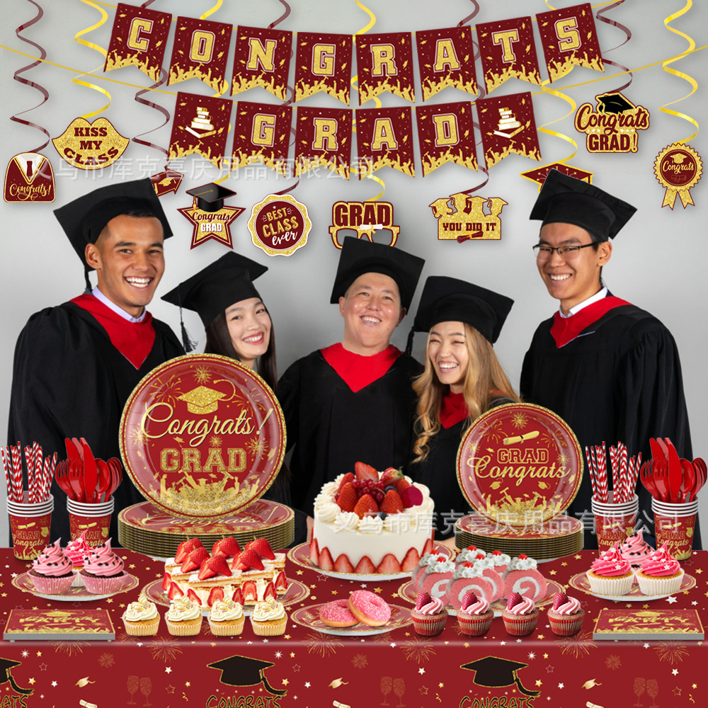 Amazon nuevo oro rojo graduación temporada tema Fiesta decoración plato de papel desechable taza de papel tire bandera decoración traje