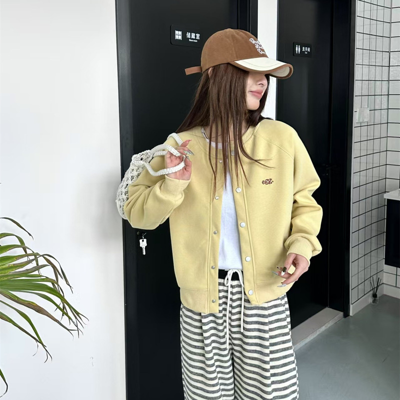 Spring New Yellow Cardigan Top Coat Short Long-sleeved Baseball Suit Women's Korean-style Egg Home Embroidered Sweater