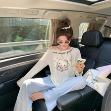 希音跨境长袖白色t恤女2024秋季新款宽松卡通圆领内搭打底衫ins潮