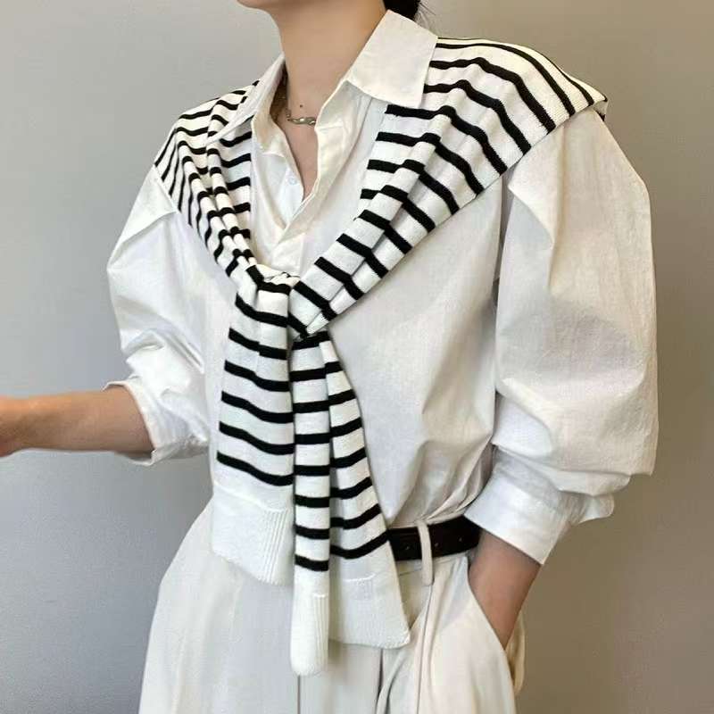 Korean-Style Striped Shawl for Women, Suitable for Pairing with Shirts, Spring and Summer Thin Version, Trendy Knitted Shoulder Wrap for Air-Conditioned Rooms