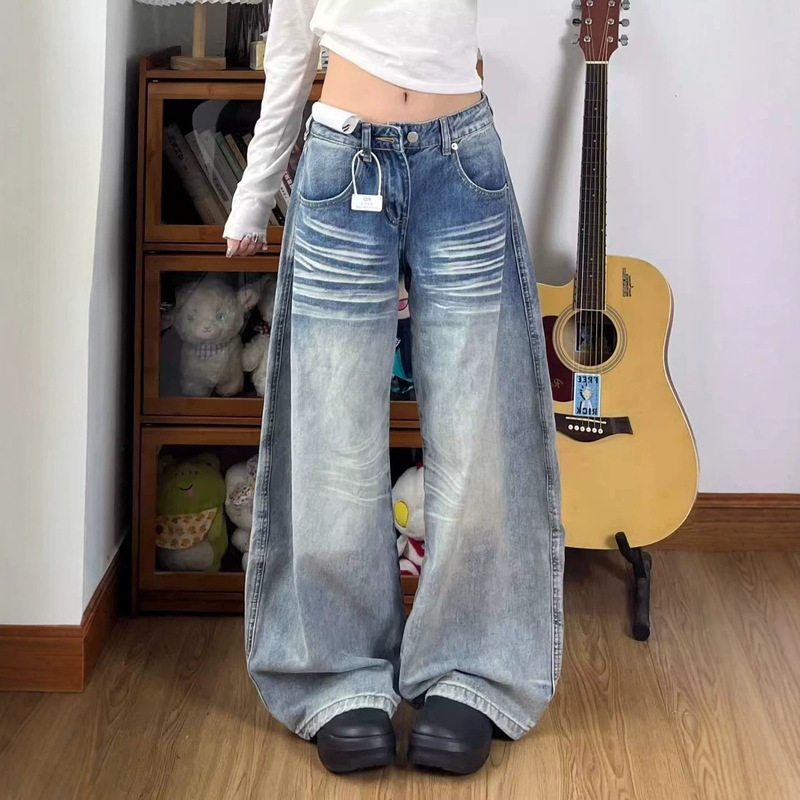 American retro low-waist, wide-leg, loose-fitting jeans, 2026 new style, loose straight-leg, wide-leg pants for women, autumn collection