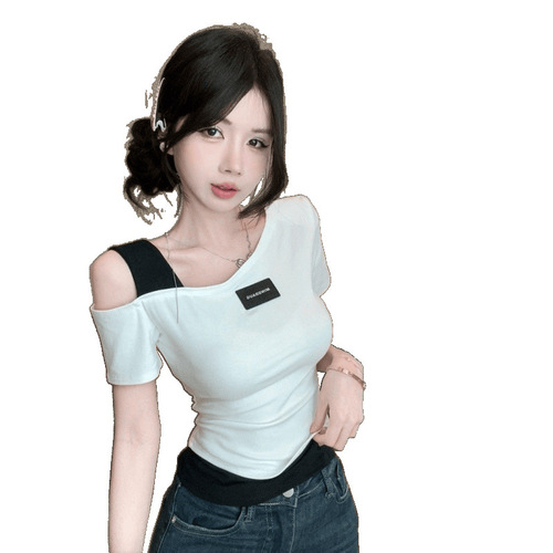 Women's Summer Pure Desire Bold Contrast Color Striped Shoulder Short Sleeve T-Shirt One-Shoulder Mini Top