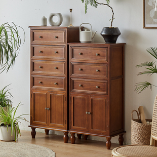 American Solid Wood Chest of Drawers Ivory White Narrow Five-Drawer Chest Walnut Color Simple Chest of Drawers Multi-Functional Drawer Storage with Door