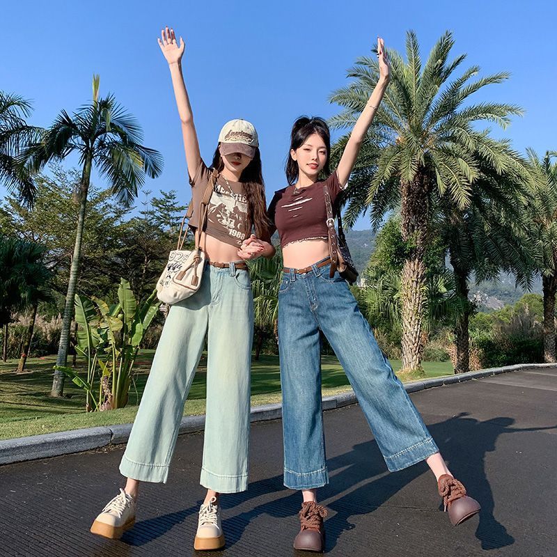 韓国風ルーズストレート8点ワイドレッググラニーパンツ2025春夏新作ソフトストレートジーンズ小柄な人向け|undefined