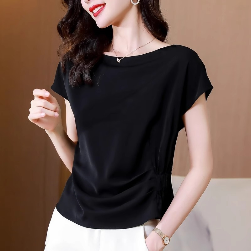 Chiffon Shirt 2026 Women's Summer New Black Slim-Fit Stylish Top Thin Short-Sleeve T-Shirt Blouse Chiffon Shirt 2026 Women's Summer New Black Slim-Fit Stylish Top Thin Short-Sleeve T-Shirt Blouse