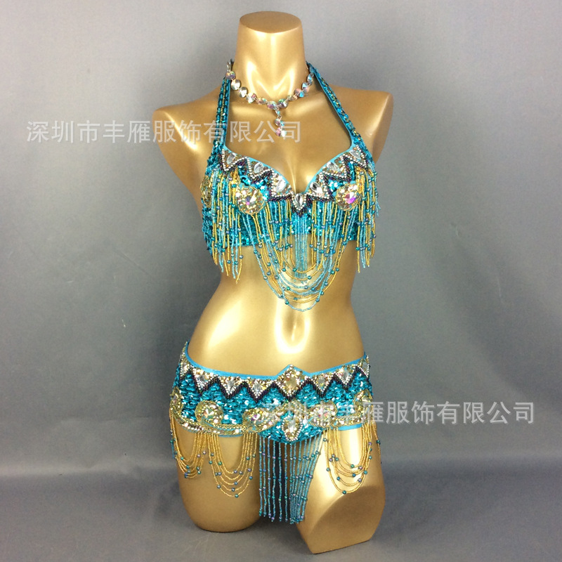 Sexy Beaded Sequin Belly Dance Bra and Waist Belt for Indian Dance Group Competition, Bar Stage Women's Stage Style