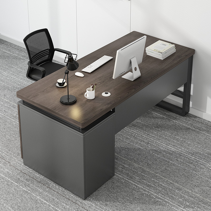 Mesa de oficina simple y moderna una sola persona con tabla de bloqueo, gabinete de almacenamiento integrado, mesa de trabajo, combinación de mesa y silla de computadora